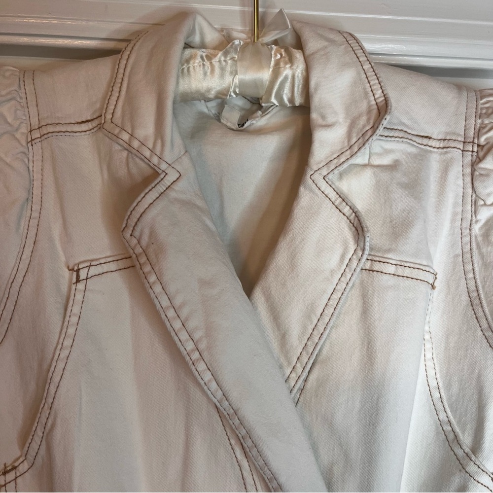Day + Moon Cream Denim Romper Sz L Snap Button Zip Contrast Stitching Collared - Picture 5 of 11